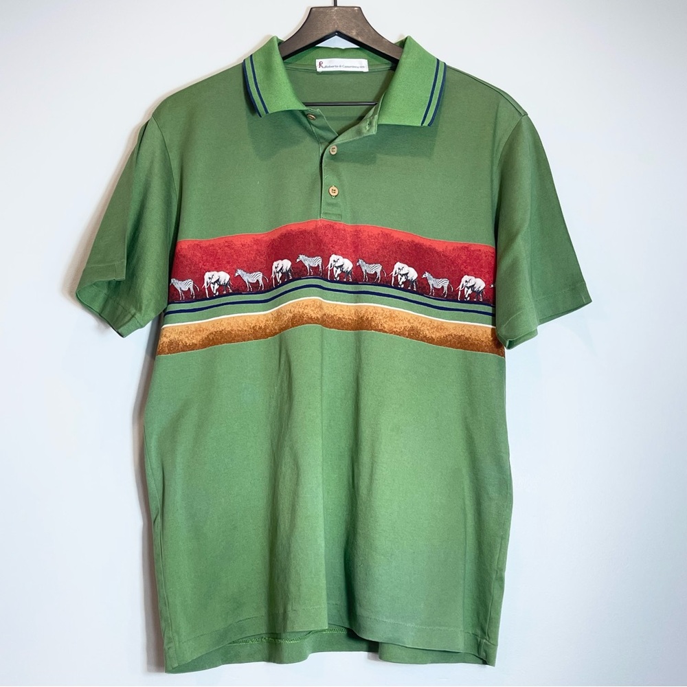 ROBERTA DI CAMERINO Men's Green Polo Elephants Zebras ✓Measurements for Size